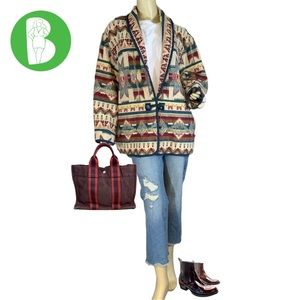 VINTAGE 1990'S MAROON & CREAM SOUTHWESTERN THEME COTTON CHENILE BLAZER (26)